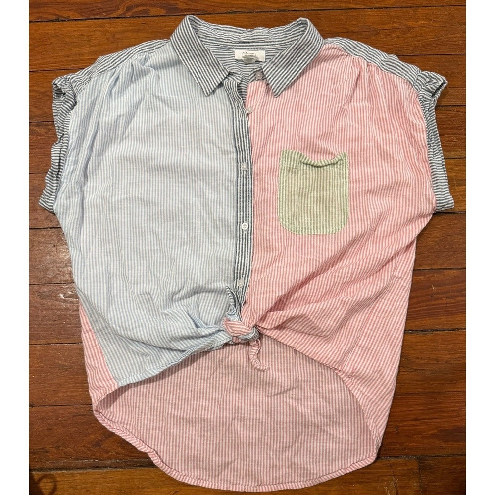 Japra Colorblock Pinstripe Tie Front Button Up Shirt Pastel Blue Pink Green L